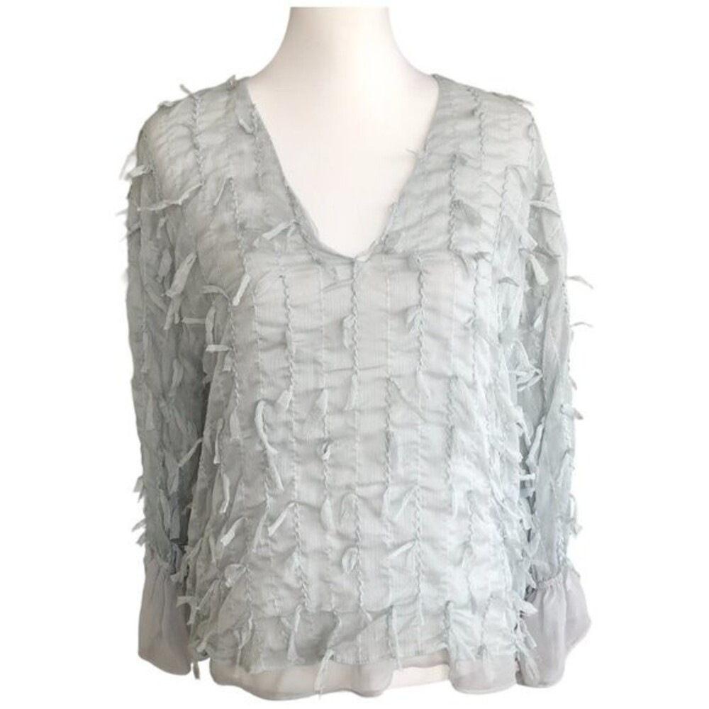 ZARA Seafoam Green Gauzy Beachy Boho Long Sleeve Y2K Ribbon Applique Top Size S - Picture 2 of 8